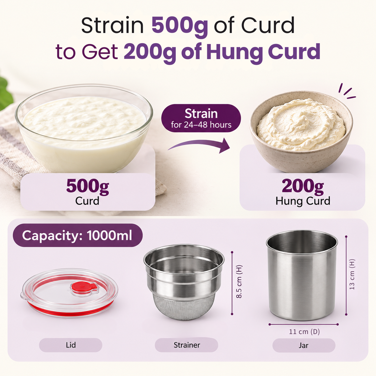 Stainless Steel Hung Curd & Greek Yogurt Maker -1000ML
