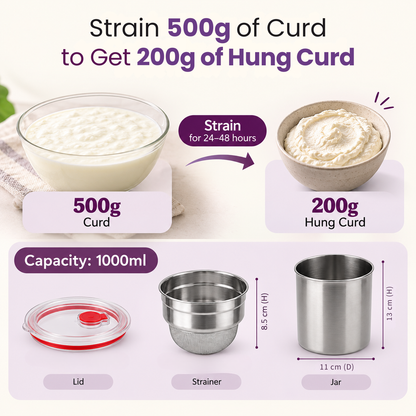 Stainless Steel Hung Curd & Greek Yogurt Maker -1000ML