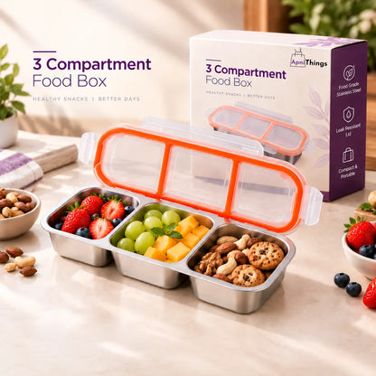 SnapFresh™ 3-Compartment Stainless Steel Food Box With Leakproof Lid - 600ml