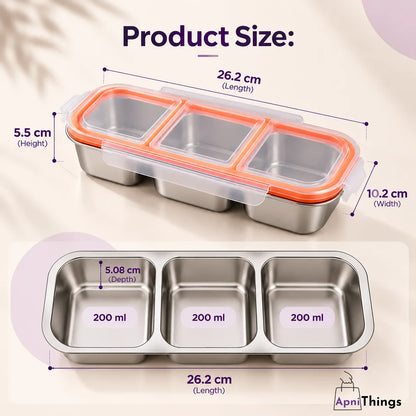 SnapFresh™ 3-Compartment Stainless Steel Food Box With Leakproof Lid - 600ml