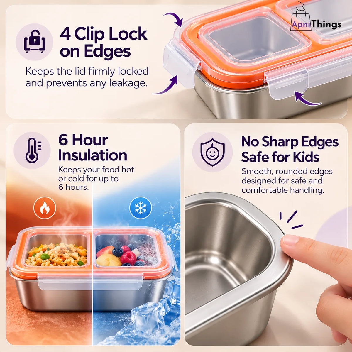 SnapFresh™ 3-Compartment Stainless Steel Food Box With Leakproof Lid - 600ml