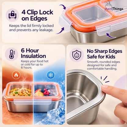 SnapFresh™ 3-Compartment Stainless Steel Food Box With Leakproof Lid - 600ml