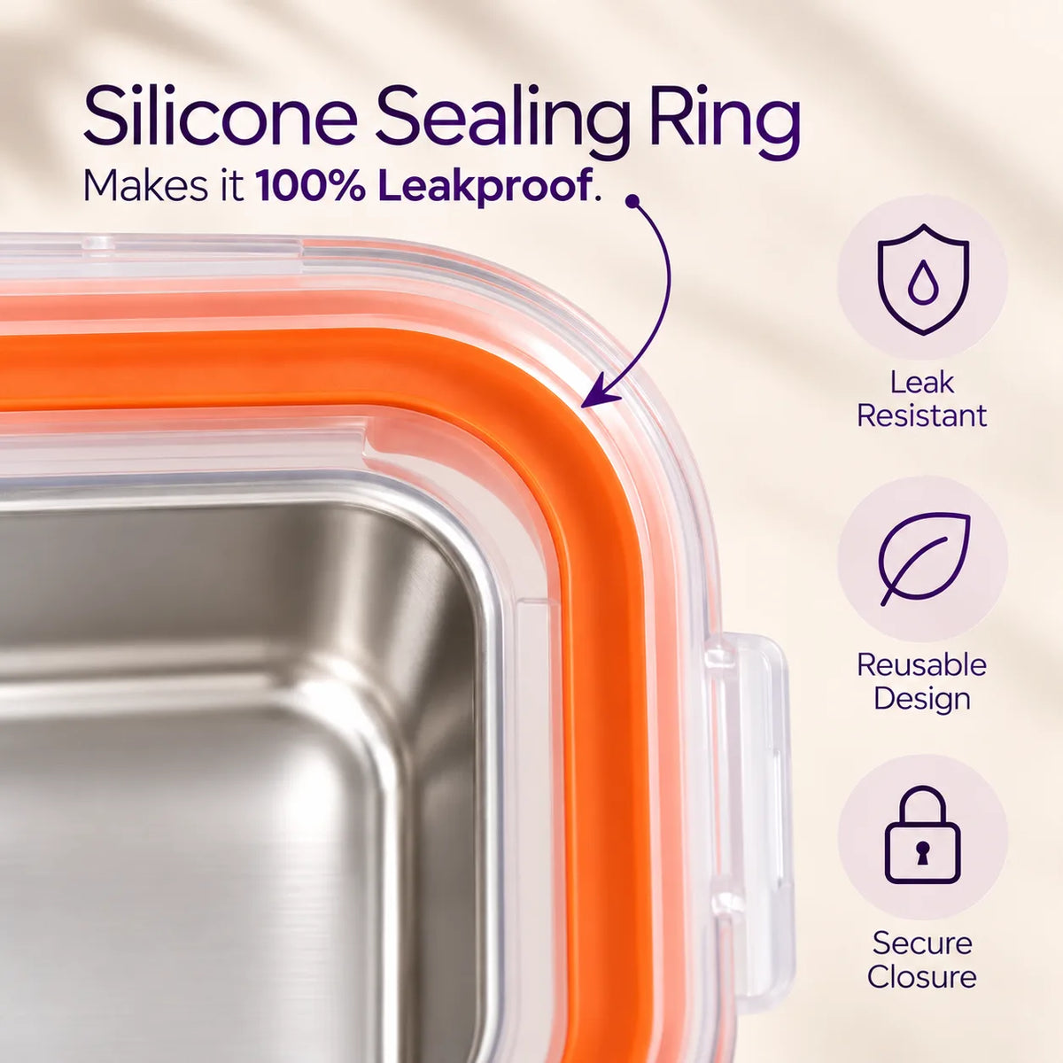 SnapFresh™ 3-Compartment Stainless Steel Food Box With Leakproof Lid - 600ml