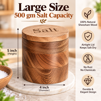 Premium Sheesham Wood Salt Container with Magnetic Lid & Spoon - 500 Gm