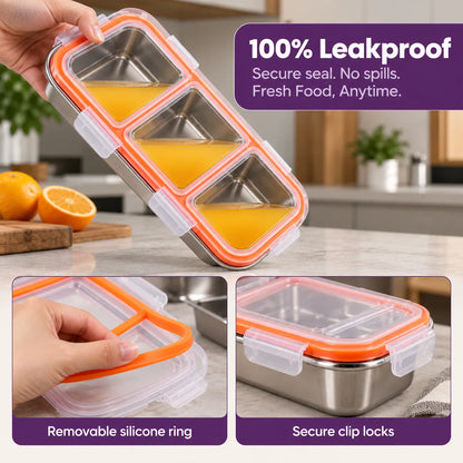 SnapFresh™ 3-Compartment Stainless Steel Food Box With Leakproof Lid - 600ml