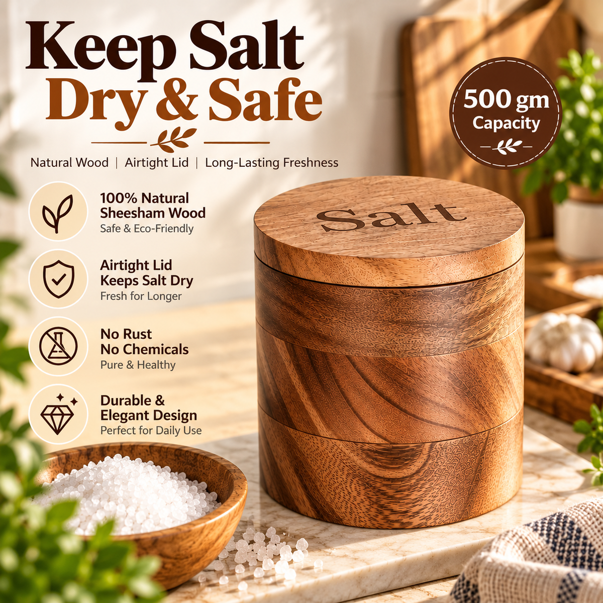 Premium Sheesham Wood Salt Container with Magnetic Lid & Spoon - 500 Gm
