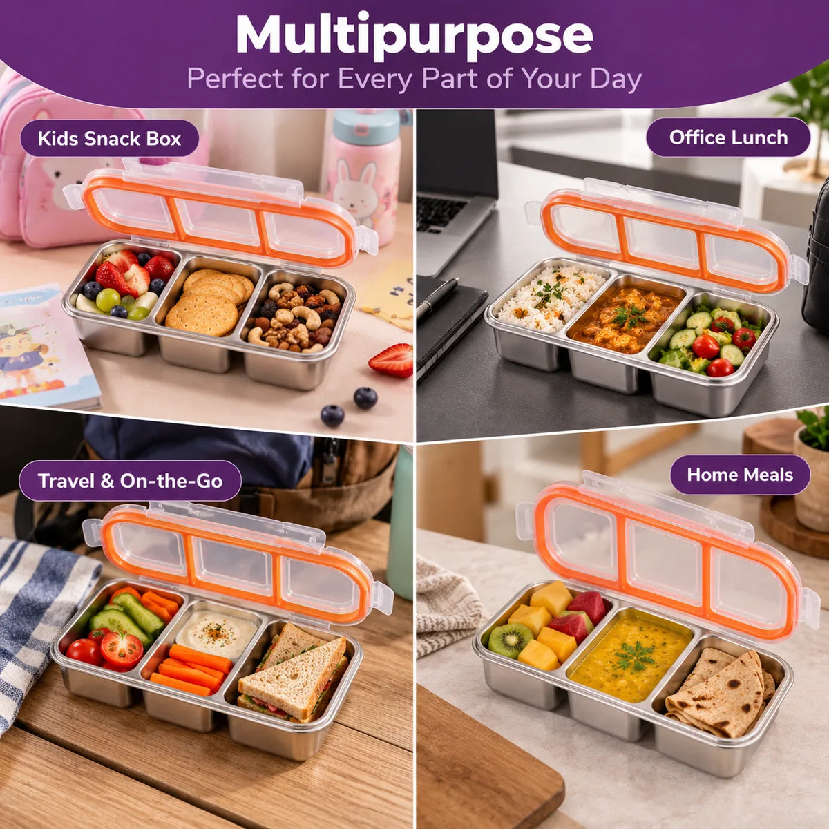 SnapFresh™ 3-Compartment Stainless Steel Food Box With Leakproof Lid - 600ml