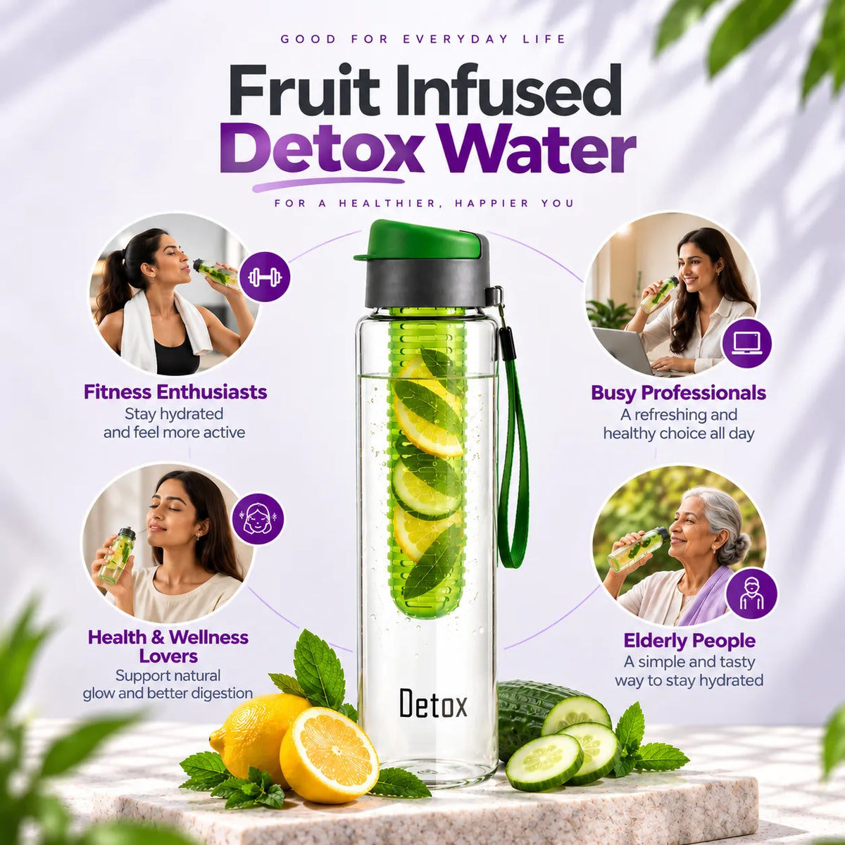Premium Glass Detox Water Bottle with Fruit Infuser – 750ml