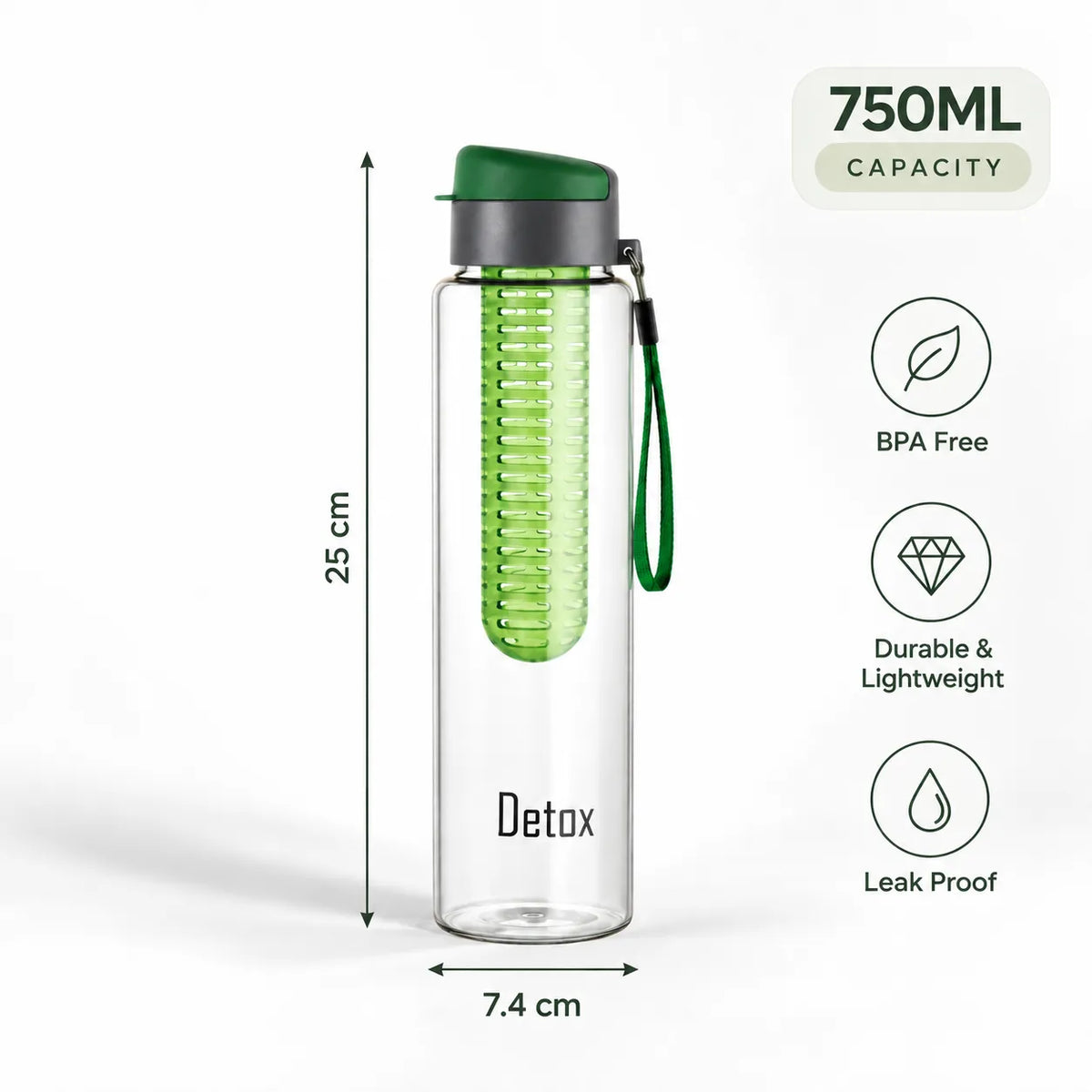 Premium Glass Detox Water Bottle with Fruit Infuser – 750ml