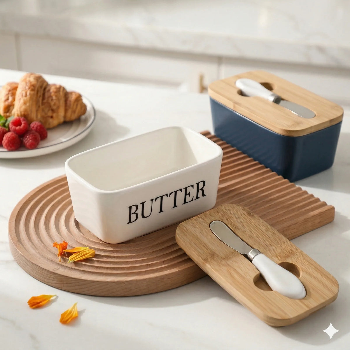 Ceramic Butter Container With Knife & Bamboo Wood lid - Large Size