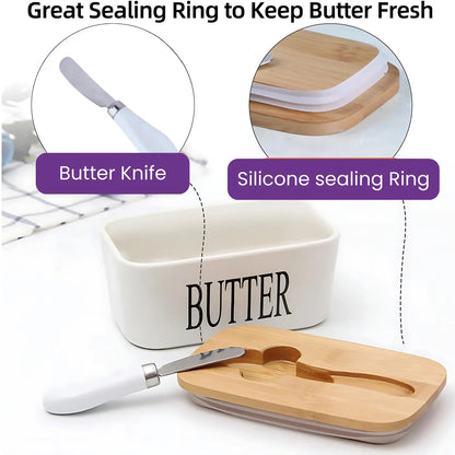 Ceramic Butter Container With Knife & Bamboo Wood lid - Large Size