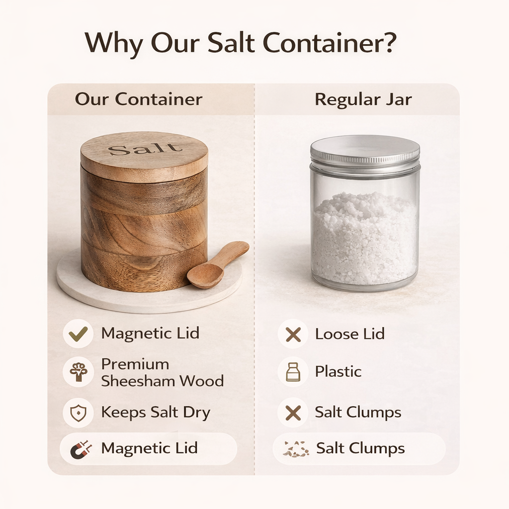Premium Sheesham Wood Salt Container with Magnetic Lid & Spoon - 500 Gm