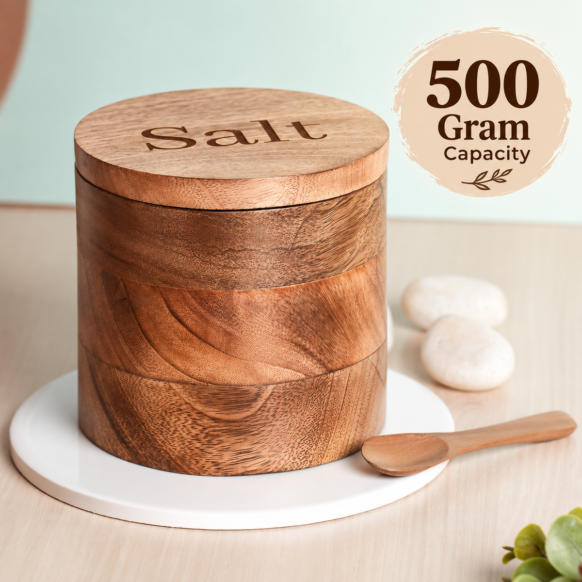 Premium Sheesham Wood Salt Container with Magnetic Lid & Spoon - 500 Gm