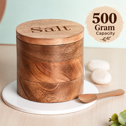 Premium Sheesham Wood Salt Container with Magnetic Lid & Spoon - 500 Gm
