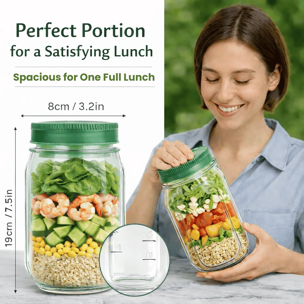 Premium Salad Jar With Side Opening & Separate Dressing Container- 1 Liter