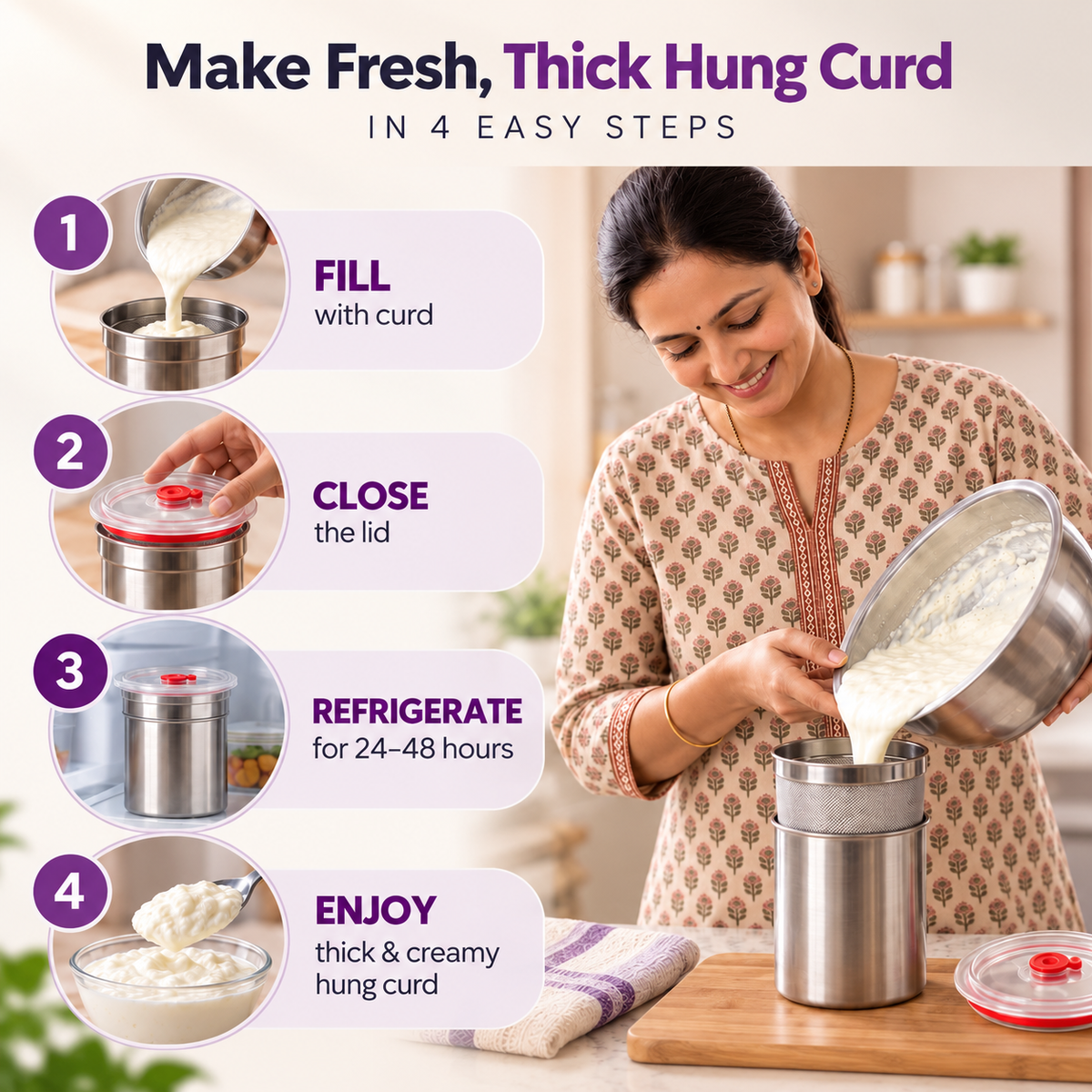 Stainless Steel Hung Curd & Greek Yogurt Maker -1000ML