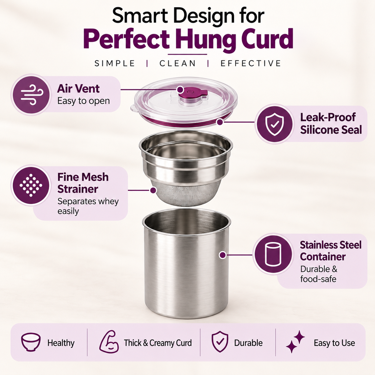 Stainless Steel Hung Curd & Greek Yogurt Maker -1000ML