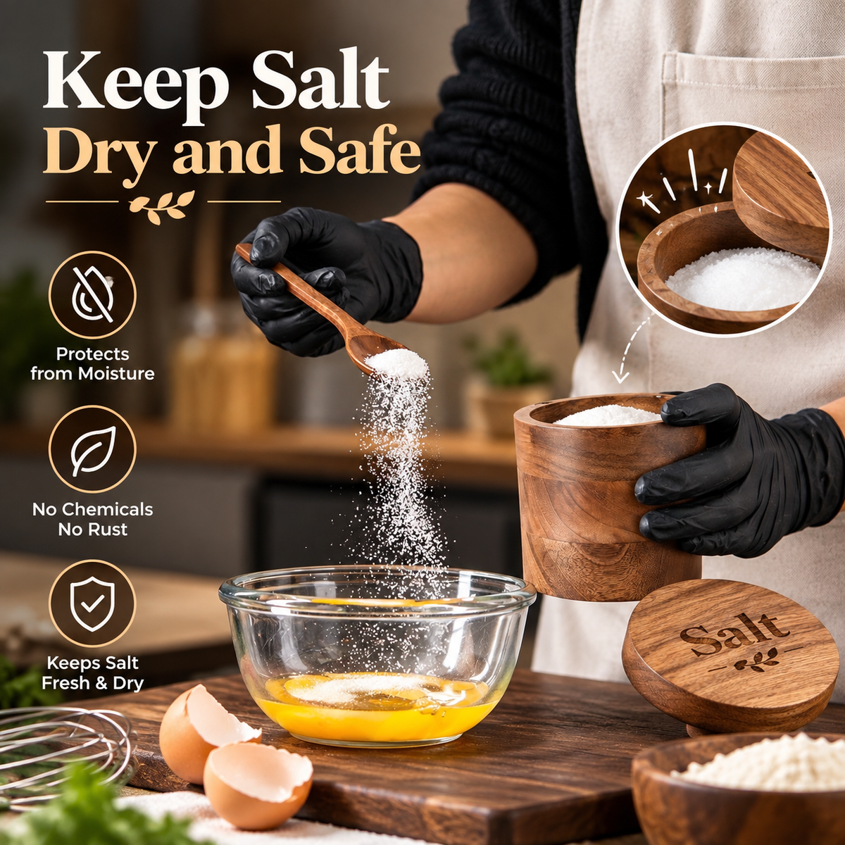 Premium Sheesham Wood Salt Container with Magnetic Lid & Spoon - 500 Gm