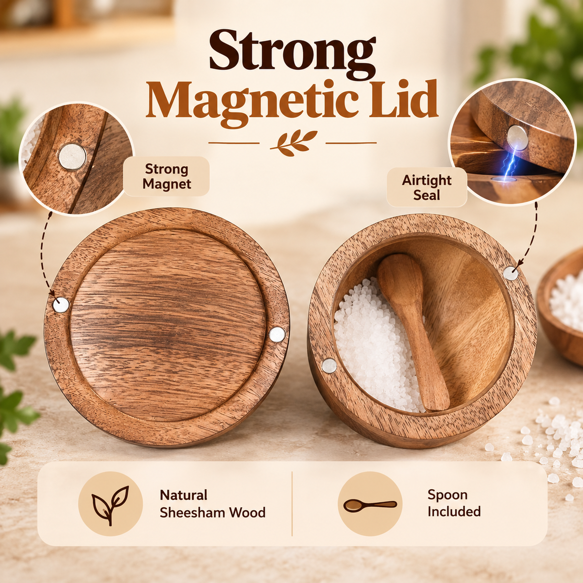 Premium Sheesham Wood Salt Container with Magnetic Lid & Spoon - 500 Gm